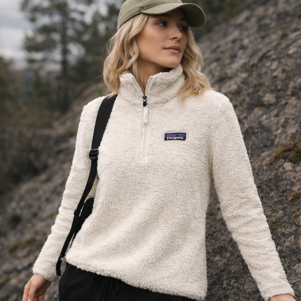 Patagonia Los Gatos Pullover 1/4 Zip Fleece Sweater Birch White Teddy Cozy S